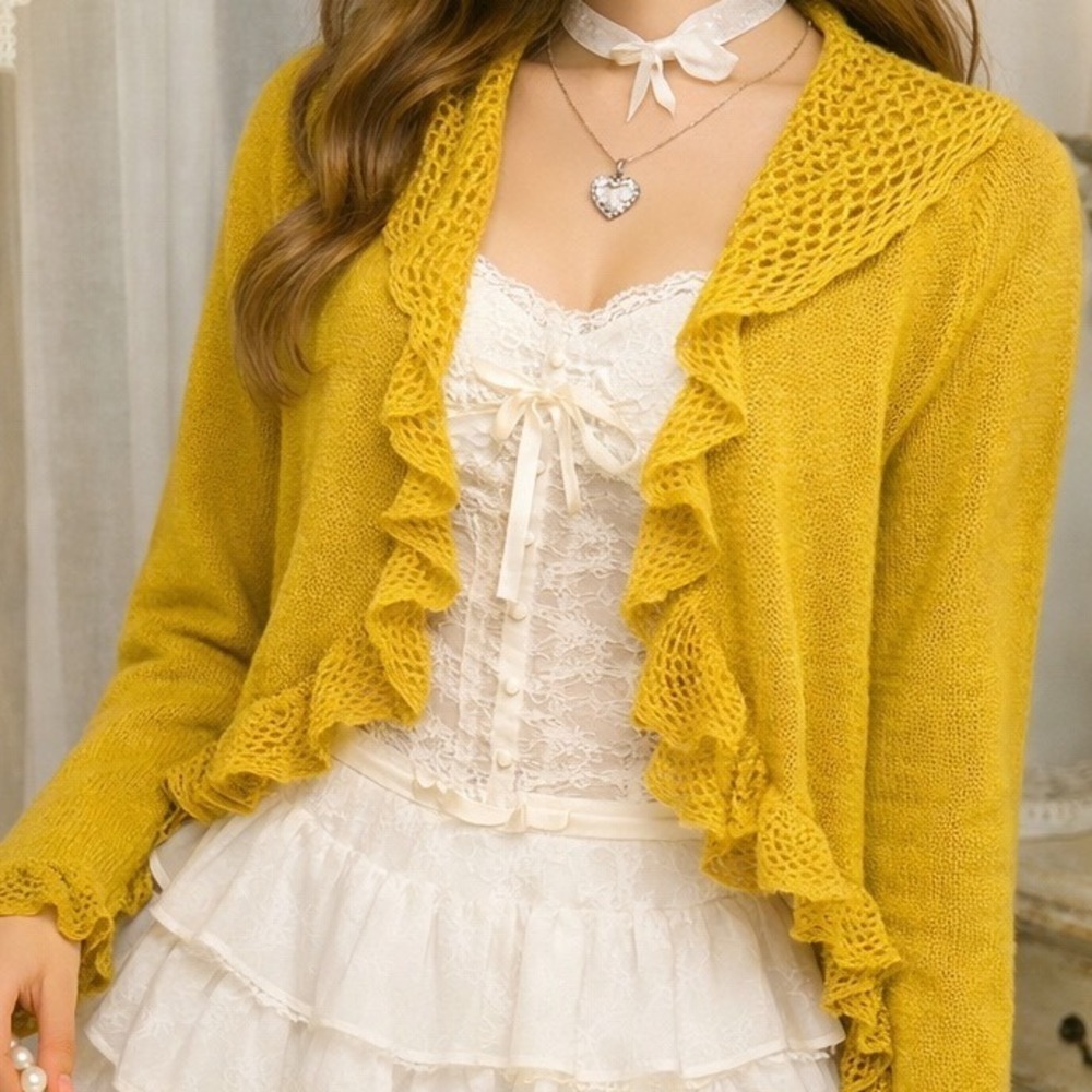 DonnaDiosa Mustard Yellow Ruffle Lace Open‎ Cardigan Coquette Cottagecore S/M